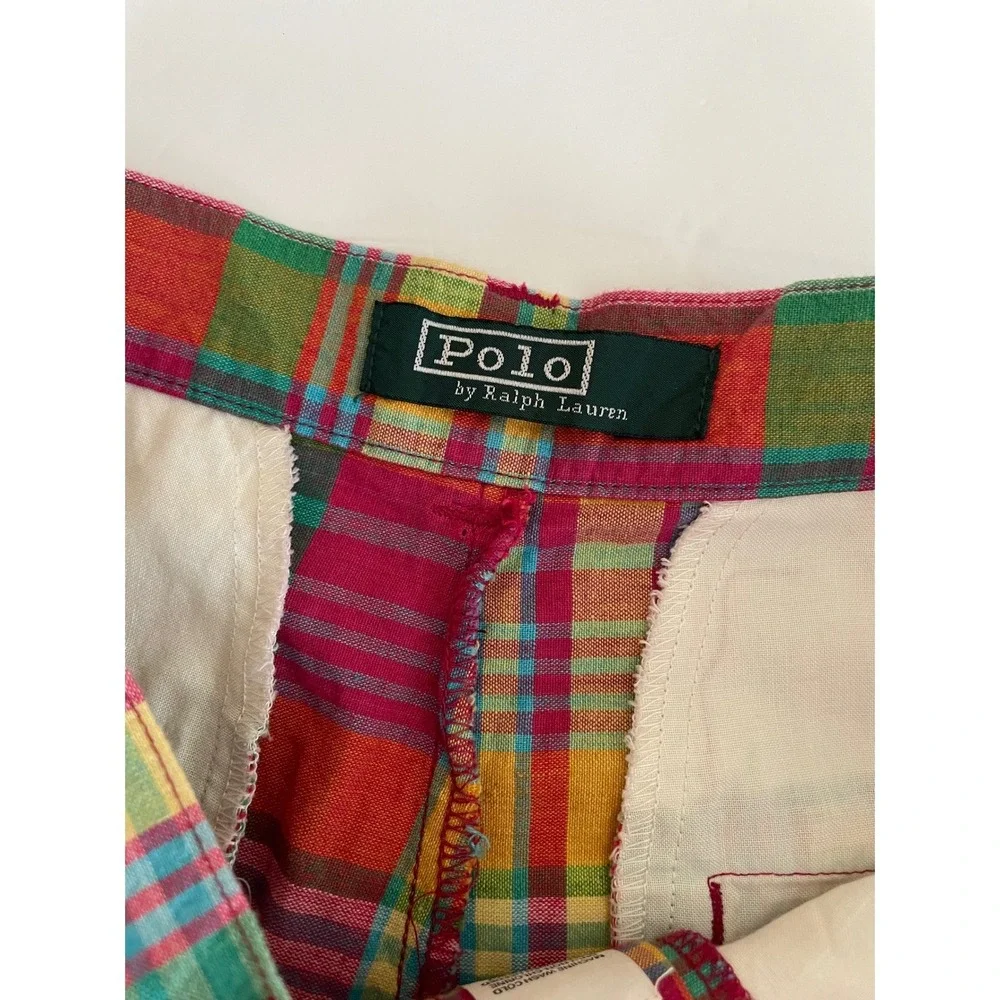 VTG Polo Ralph Lauren Tyler Madras Plaid Shorts Multi Pleated Cotton 18 Prep/29